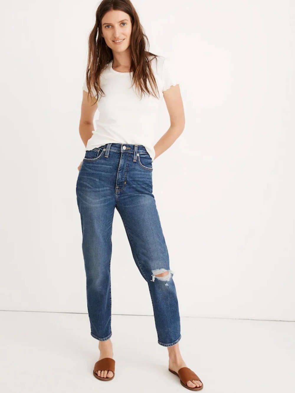 Madewell High Rise Mom Jeans Stretch Medium Blue Distressed Ripped Knee Size 26